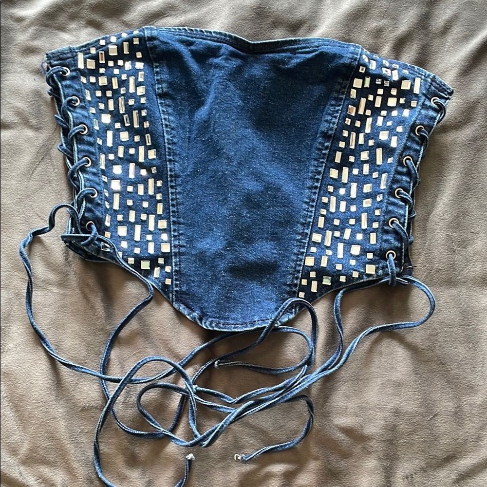 AKIRA Blue Denim Crop Top with Silver Rhinestone Accents